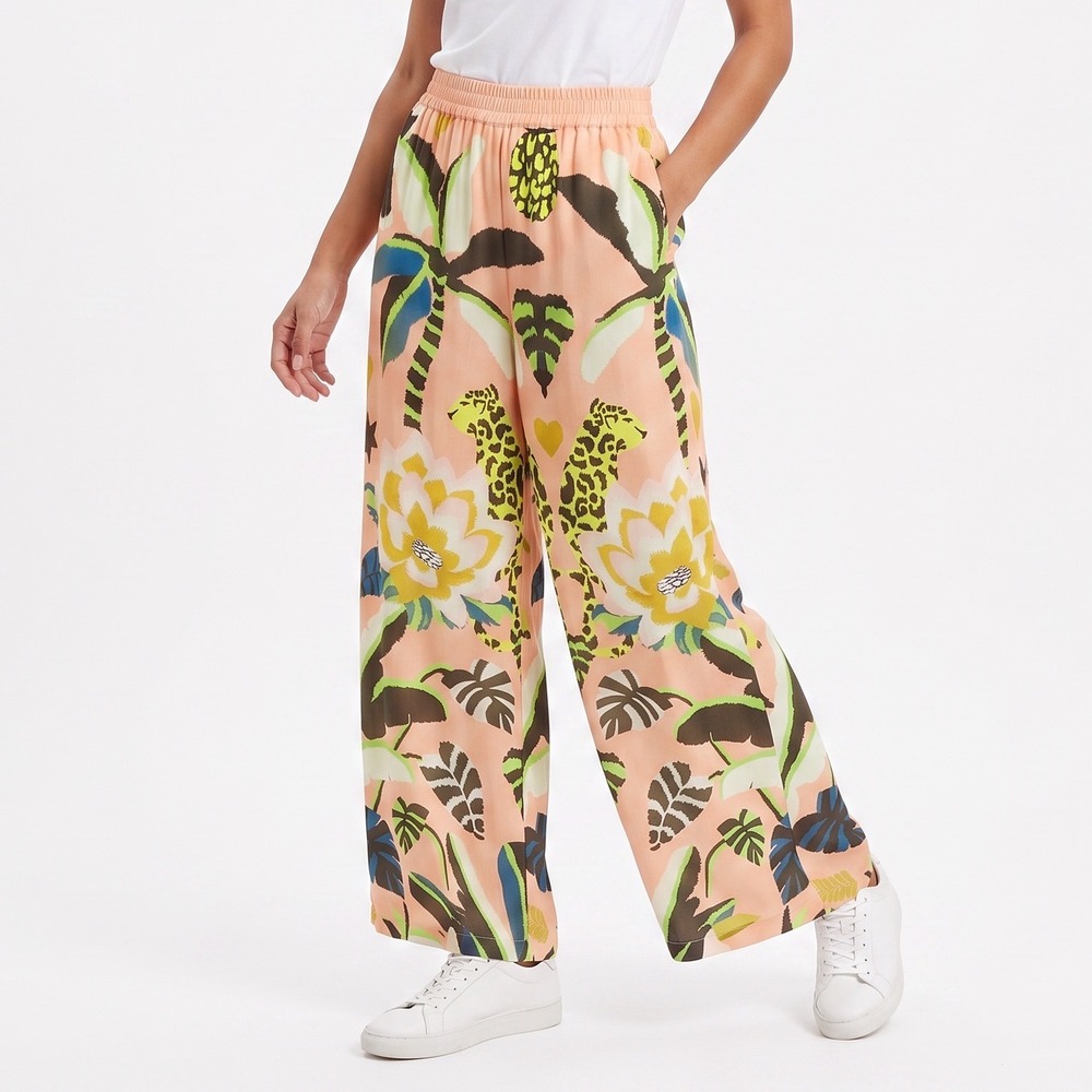 Nice To Meet You Wide Leg Pants Womens M Tropical Cheetah Peach Floral Excellent